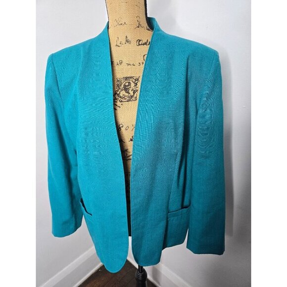 Vintage Blue Open Front Linen Blend Career Blazer - Picture 15 of 15